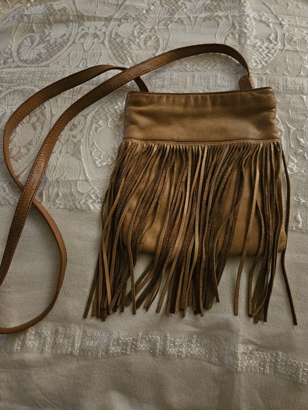 Margot Vintage Crossbody Fringe Leather Bag Camel Color